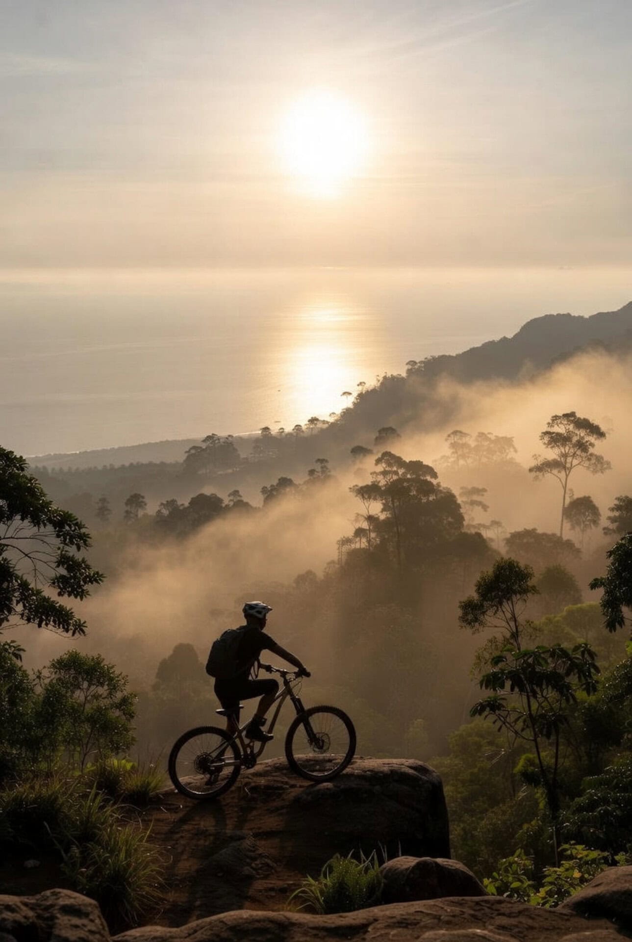 A lush mountain landscape in Opulencia, Nosara, Costa Rica, with a cyclist riding along a trail during sunrise, surrounded by misty trees and vibrant natural scenery.